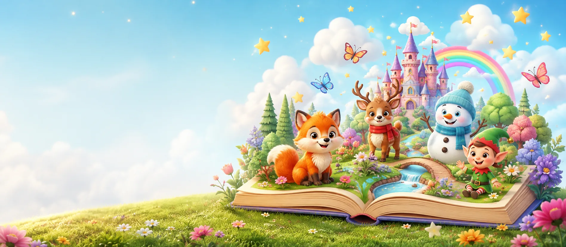 Children exploring a magical storybook world with books, friendly animals, fantasy portals, and floating islands