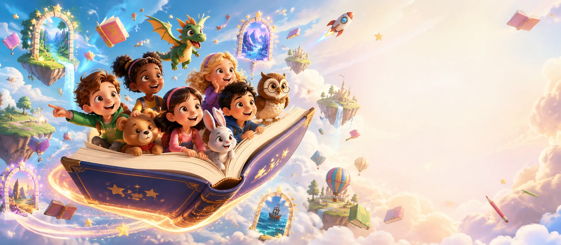 Children and friendly animals flying through a colorful magical world on an open storybook